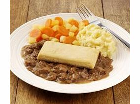A tasty pie made with chunks of steak and kidney in a rich gravy and topped with shortcrust pastry. Served with mashed potato, carrots and swede.