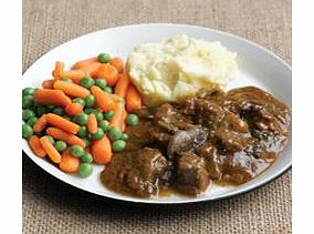 Pieces of steak cooked in a delicious red wine and mushroom sauce. Served with buttery mashed potato, carrots and garden peas