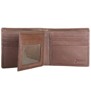 A stylish wallet from Jones Bootmaker. Opens to reveal ten slots suitable for cards, one with a plas