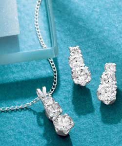 Sterling Silver 3 Stone Drop Pendant and Earring Set