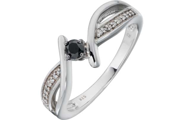 Unbranded. As seen in LOOK and Now magazines. This beautiful ring features a black diamond solitaire elegantly framed in two bands of sterling silver. With a sparkling row of white diamonds on either side