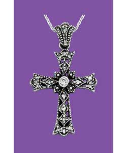 Sterling Silver Cubic Zirconia Set Marcasite Cross Pendant