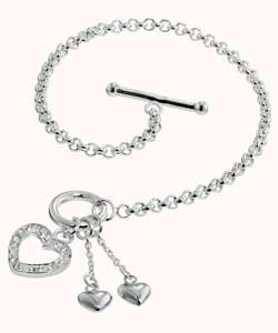 Sterling Silver Cubic Zirconia T-Bar Heart Charm Bracelet
