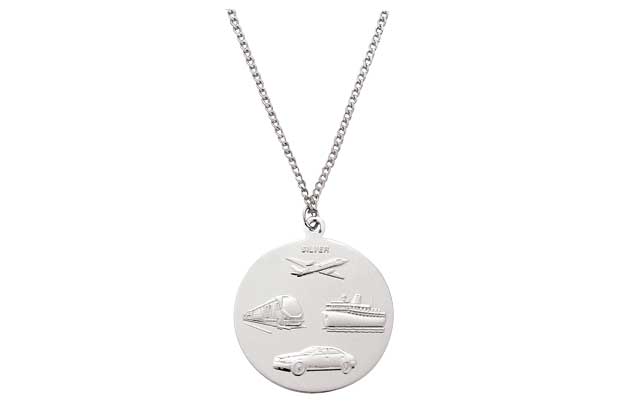 A necklace celebrating the patron saint of travel. Sterling silver. Length of necklace 46cm/18in. Pendant size H27.18