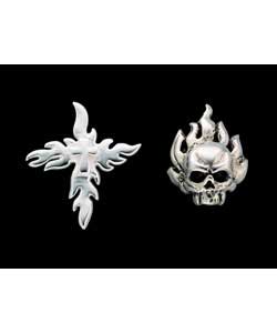 Sterling Silver Flaming Skull and Cross Bones Stud Earrings