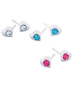 Sterling Silver Heart Coloured Studs - Set of 3