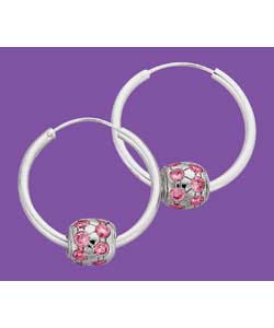 Sterling Silver Ladies Pink Glitter Ball Hoop Earrings