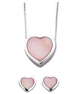 Sterling Silver Mother of Pearl Heart Pendant and Earrings