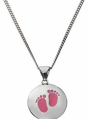 This beautiful necklace is the perfect way of marking the arrival of a new baby. Made from sterling silver. this pendant features a pair of pink feet on a silver pendant. This necklace makes an excellent gift for a mum. Sterling silver. Length of nec
