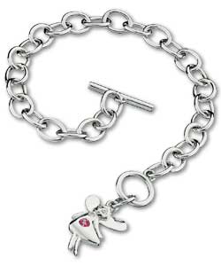 Sterling Silver Pink Cubic Zirconia Angel Charm Bracelet