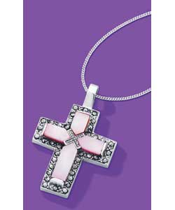 Sterling Silver Pink Mother of Pearl Marcasite Cross Pendant