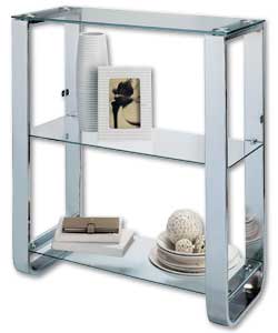 Chrome frame with glass shelves. 2 internal shelves, 1 external shelf. Can be fixed to the wall