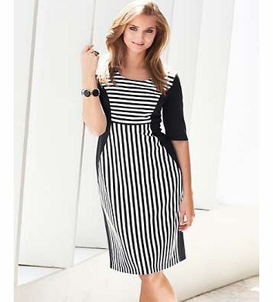 A fabulous easy to wear day dress in ponte jersey in an interesting mix of horizontal and vertical stripes. The solid black back, sides and sleeves create a flattering silhouette. Also featuring scoop neckline and concealed back zip fastening. Dress 