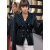 Reverse collar striped blazer with nautical style buttons, front pockets and cutaway front hem. Full