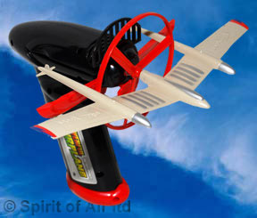 A propeller powered free flight aeroplane energised from a hand held power-pack. This amazing toy wi