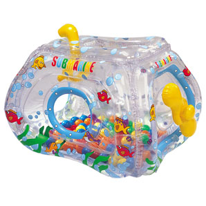 Suitable for indoors or outdoors, this inflatable vinyl ball pit is shaped like a submarine and