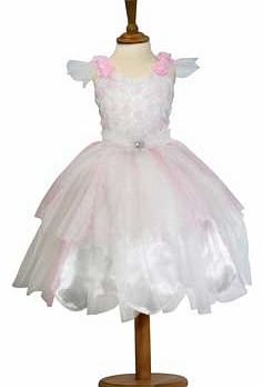 A gorgeous pale pink and white fairy dress with a pretty rosette bodice and glittery skirt petals. The skirt is made up of soft layers of pink and white net The shoulder straps are trimmed with large pink roses and there is a heart shaped jewel at th
