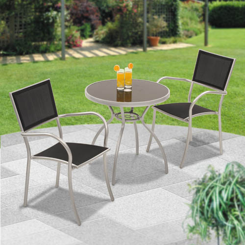 The elegant Bermuda Bistro Set comprises of 2 textilene armchairs and a table which features parasol