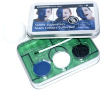 Paint up to ten faces with this football themed face paint tin. Black, white and Royal Blue face pai