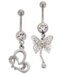 Unbranded Surgical Steel Butterfly and Heart Drop Belly Bars