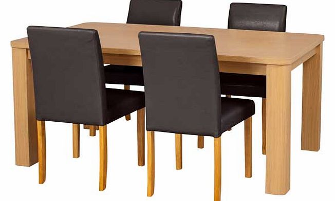 This real wood veneer dining table with 4 chocolate leather effect chairs is a neat dining set. perfect for families. The chunky design adds a contemporary twist to a classic style. Part of the Swanley collection. Table: Size H75. L120. W75cm. Wood t