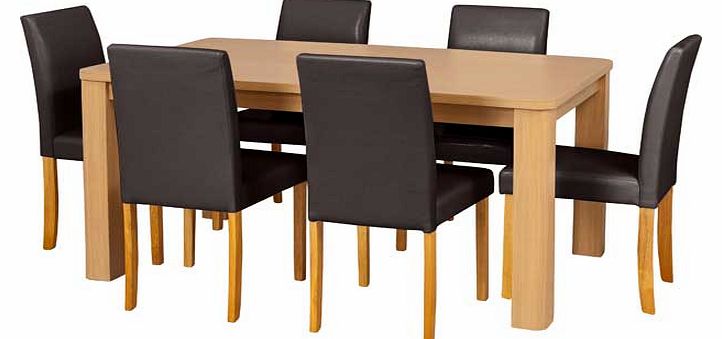 This real wood veneer dining table with 6 chocolate leather effect chairs is a neat dining set. perfect for families. The chunky design adds a contemporary twist to a classic style. Part of the Swanley collection. Table: Size H75. L150. W90cm. Wood t