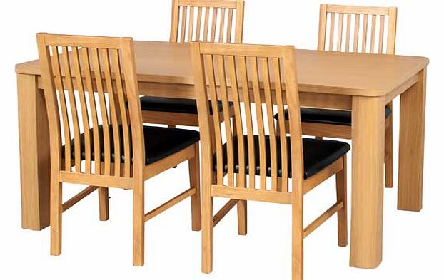 This real wood veneer dining table with 4 black slatted leather effect chairs is a neat dining set. perfect for families. The chunky design adds a contemporary twist to a classic style. Part of the Swanley collection. Table: Size H75. L120. W75cm. Wo