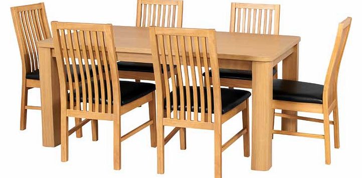 This real wood veneer dining table with 6 black slatted leather effect chairs is a neat dining set. perfect for families. The chunky design adds a contemporary twist to a classic style. Part of the Swanley collection. Table: Size H75. L150. W90cm. Wo