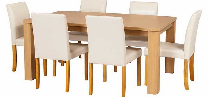 This real wood veneer dining table with 6 cream leather effect chairs is a neat dining set. perfect for families. The chunky design adds a contemporary twist to a classic style. Part of the Swanley collection. Table: Size H75. L150. W90cm. Wood table