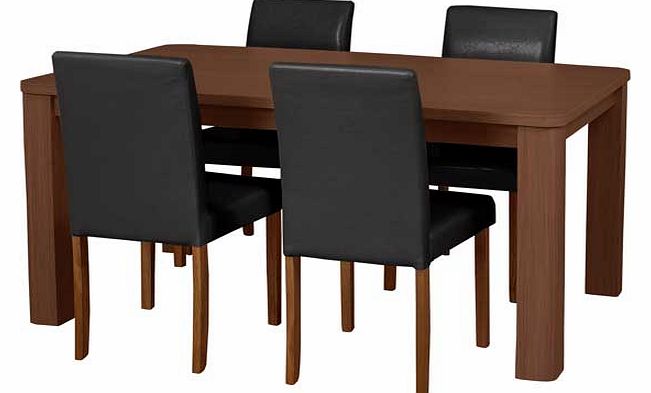 This real wood veneer dining table with 4 black leather effect chairs is a neat dining set. perfect for families. The chunky design adds a contemporary twist to a classic style. Part of the Swanley collection. Table: Size H75. L120. W75cm. Wood table