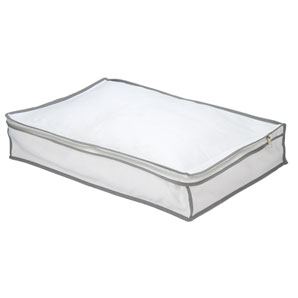 A fabric sweater bag in white with a grey trim. With zip on 3 sides and carry handle