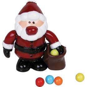 Shake the mini 5cm keyring Santa by his right hand and he scoops a piece of candy out of his sack