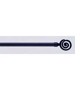 2.0m curtain pole in black colour withplastic swirl finials.Extends from 110 to 200cm.Includes 20