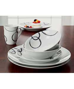 4 place settings. Set contains: 4 dinner plates, 4 side plates, 4 bowls and 4 mugs. Dinner plate dia