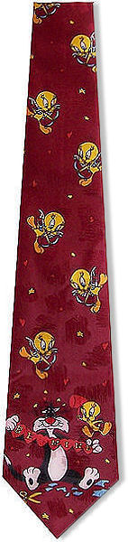 A fun tie with Sylvester holding a BE MINE banner and Tweety shooting arrows on a burgundy