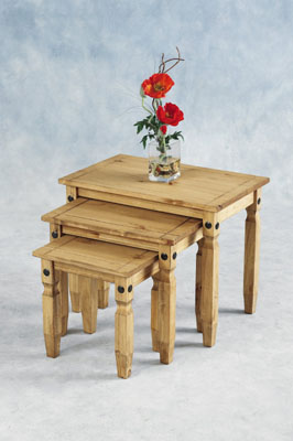 Mexican look nest of three tables from our Corona range. Finsihed in distressed waxed pine. Please