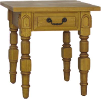 A most charming one drawer medieval pine occcasional table with ornate spindles and flower images