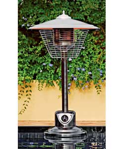 Standard tabletop patio heater in gunmetal plating. Straight pole in gunmetal plating, with stainles