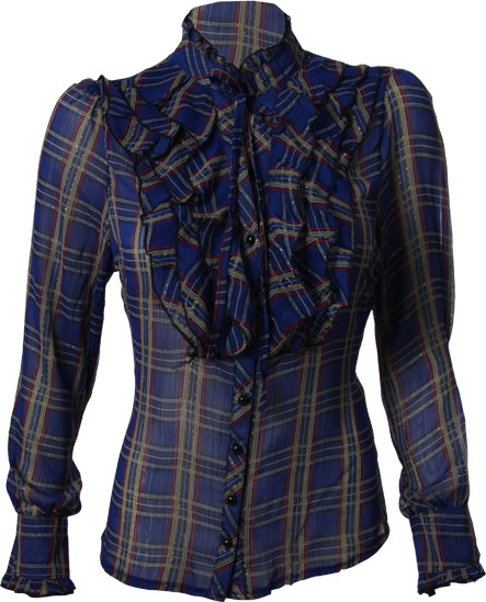 Taja chiffon blouseIn tartan chiffon with ruffle front 100 polyesterLength 62cm from shoulder