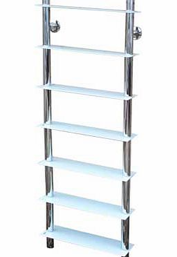 Tall wall mounted seven tier clear glass shelves with a sturdy tubular chromed frame. Ideal for DVDs. Blu-rays. games. CDs. books or ornaments. Holds approximately 266 CDs or 175 DVDs/Blu-rays/games. 20cm gap vertically between each of the seven fixe