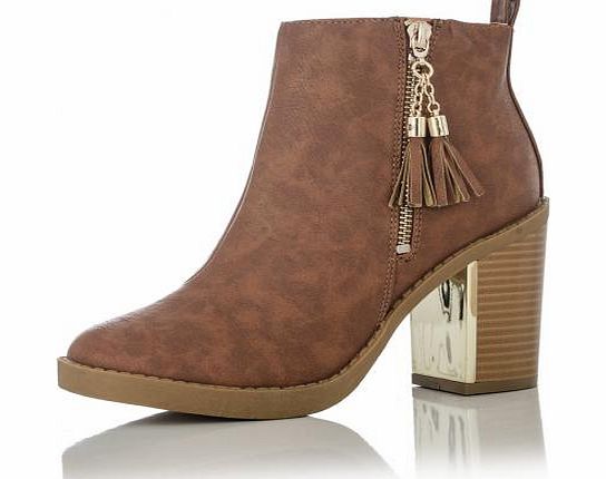 Unbranded Tan Block Heel Gold Plate Ankle Boots
