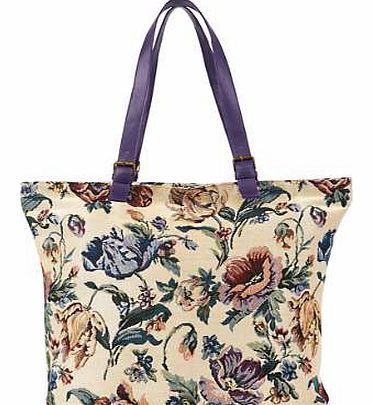 This chic tapestry bag with adjustable purple straps is a great piece for your wardrobe. Bag Features: 50% Textile, 50% Synthetic Size: 36H x 50W x 17D cm (14 x 19 x 6ins)