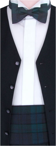 A rough silk Black Watch tartan elastic back cummerbund and pre-tied bow tie set.