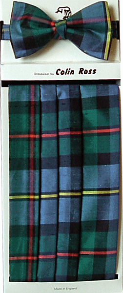 A rough silk Ancient MacLoed tartan elastic back cummerbund and bow tie set