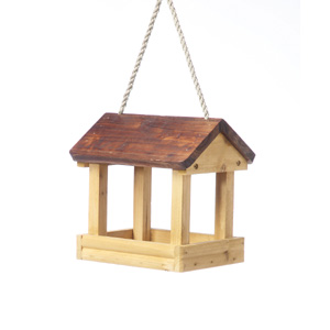 An alternative to the traditional bird table  this hanging version comes with a pitched roof  a drai