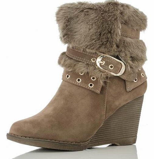 Unbranded Taupe Eyelet Fur Wedge Ankle Boots