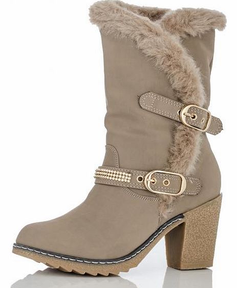 Unbranded Taupe Faux Fur Trim Diamante Strap Boots