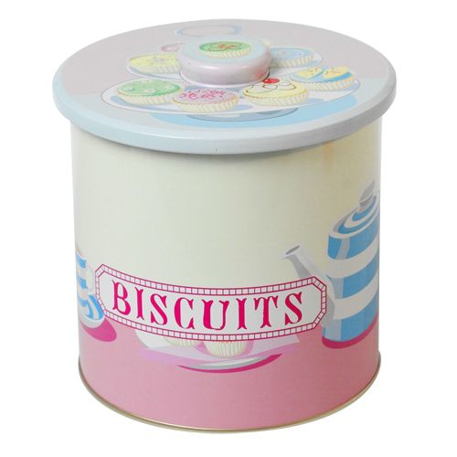 Tea & Cake Design `Shabby-Chic` Vacuum Seal Biscuit Tin    In Metal. h17.5cm x d17cm    Keep your
