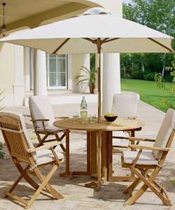 Gateleg table with 4 folding armchairs. Round in shape. Legs removable for storage. Can be left outs