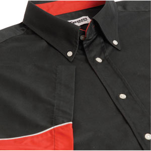 This Teamwear Touring shirt has silver piping separating the 2 diverse colours of black and red. Thi
